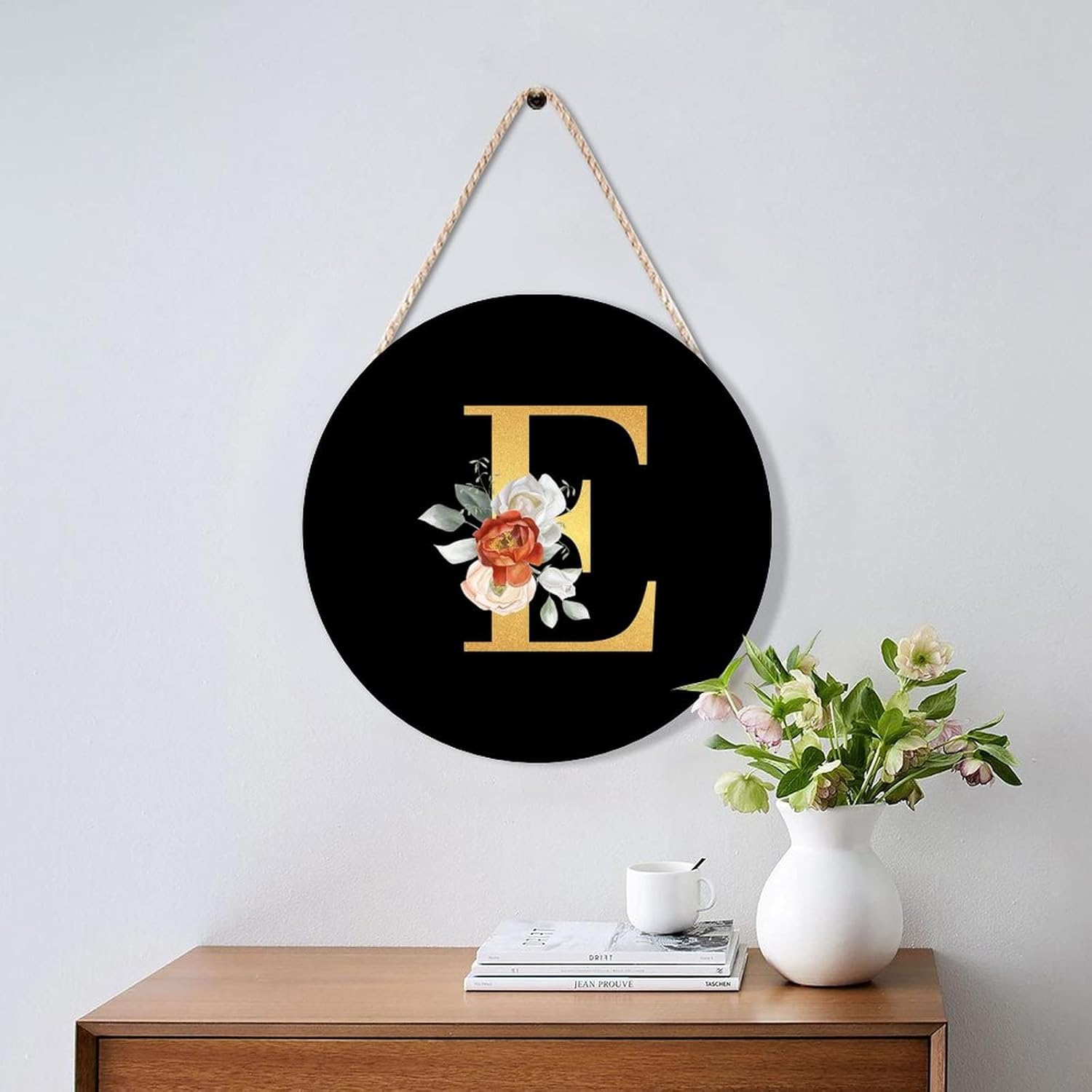 Farmhouse Front Door Hanger Rose Gold Initial Letter E Wood Sign
