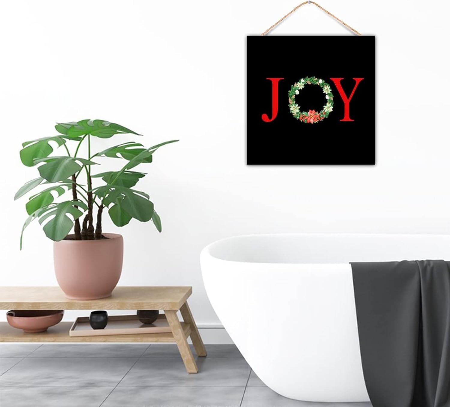 Joy Christmas Botanical Wreath Wooden Sign Door Hanger Decor 12x12in