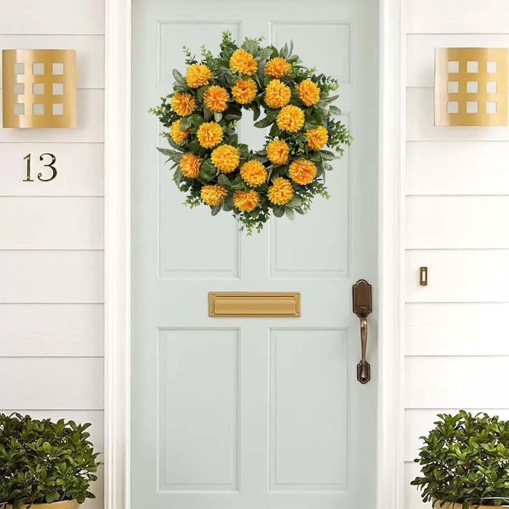 20 Inch Spring Wreath with Orange Flowers and Greenery for Front Door Decor