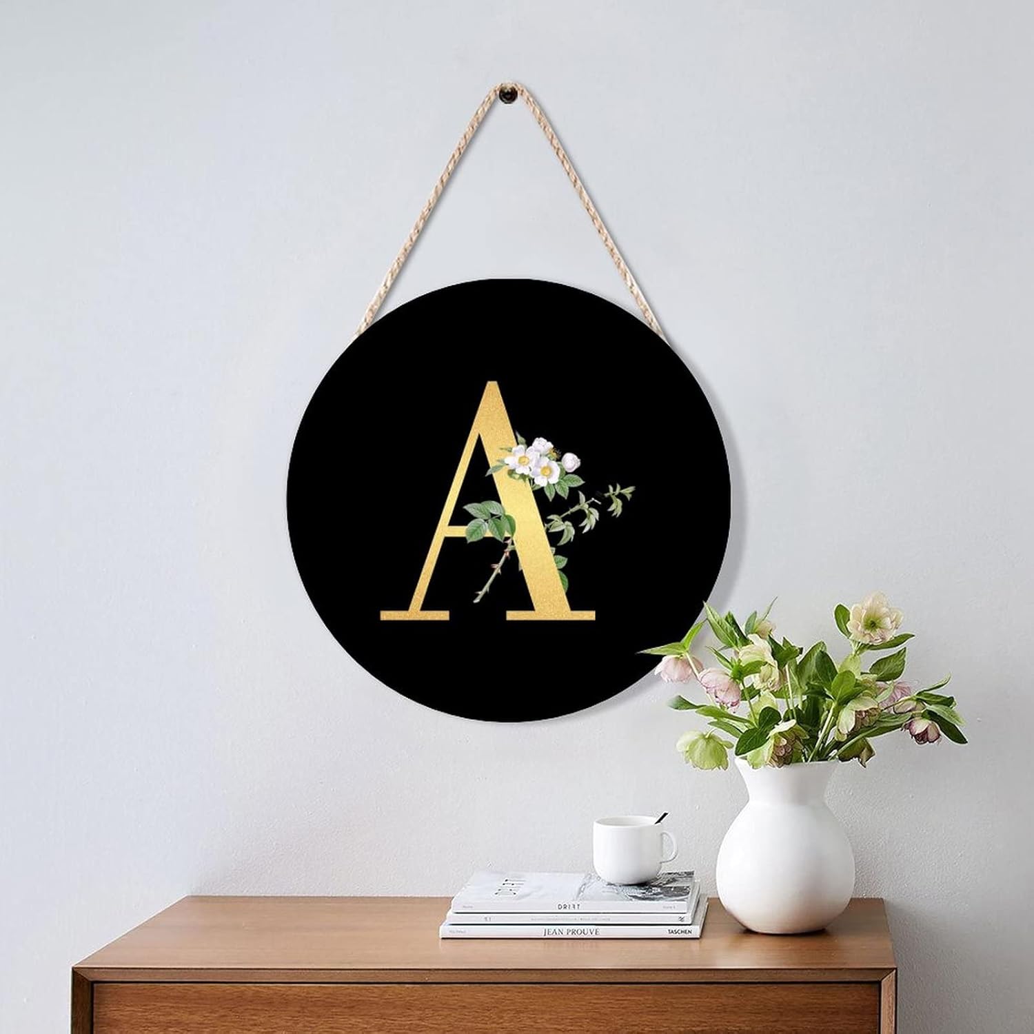 Farmhouse Door Hanger with Floral Greenery and Golden Initial A Wood Sign