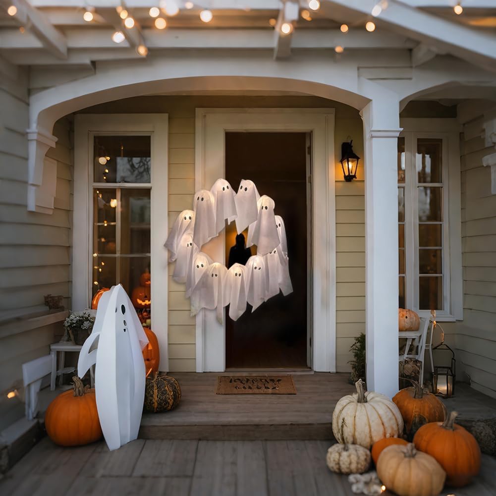 Front Door Halloween Ghost Wreath with LED Lights