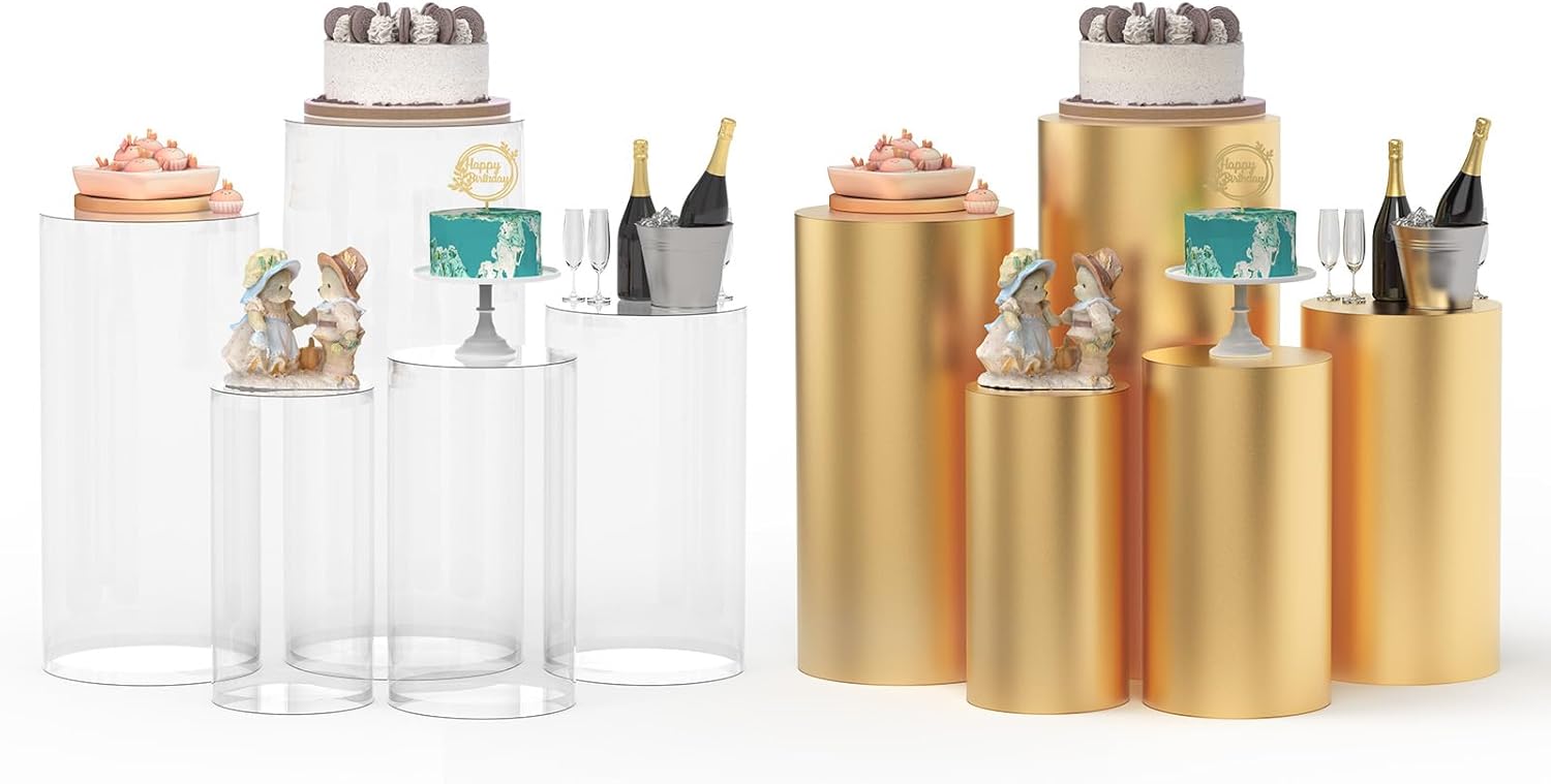 5PCS Clear Cylinder Stands with Gold Cover for Party Displays