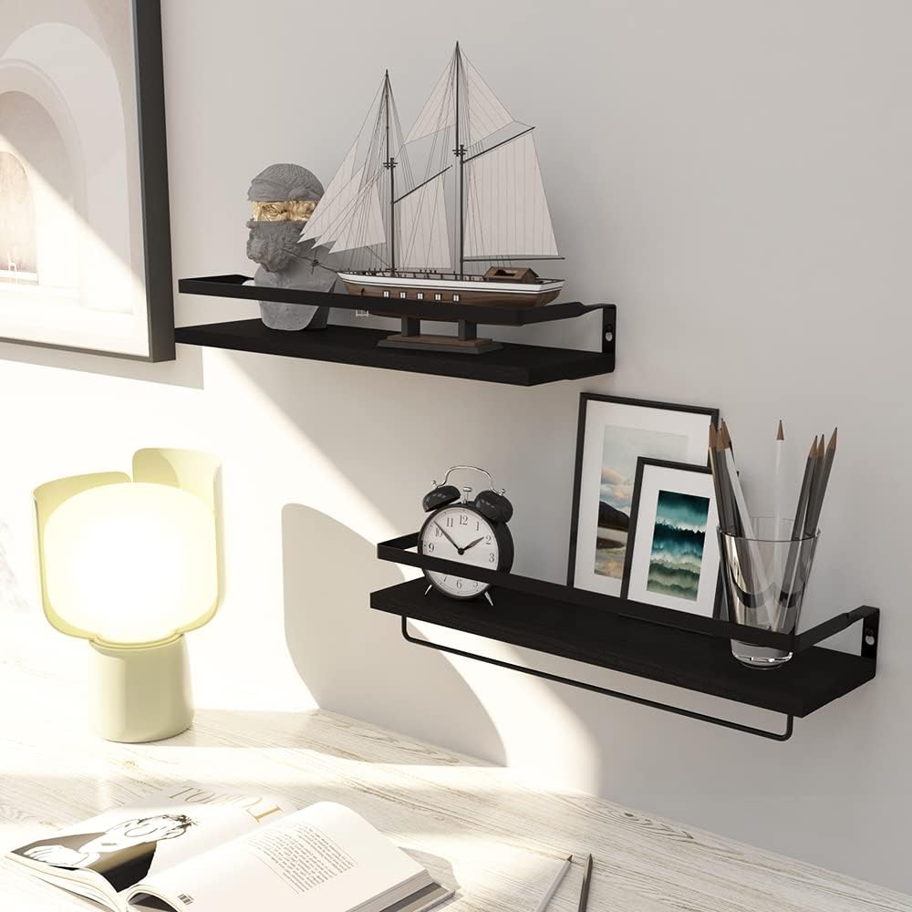Floating Shelves for Wall Set of 2 Black with Towel Bar