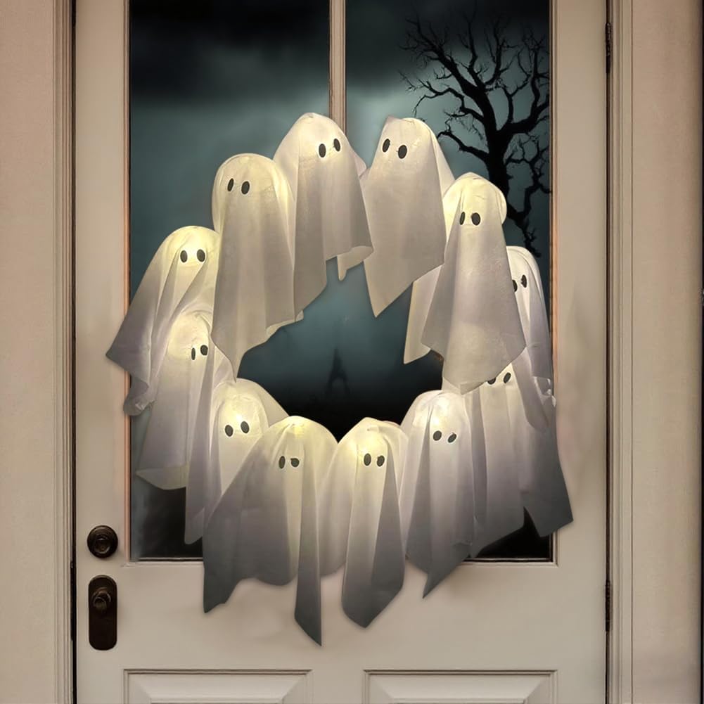 Front Door Halloween Ghost Wreath with LED Lights