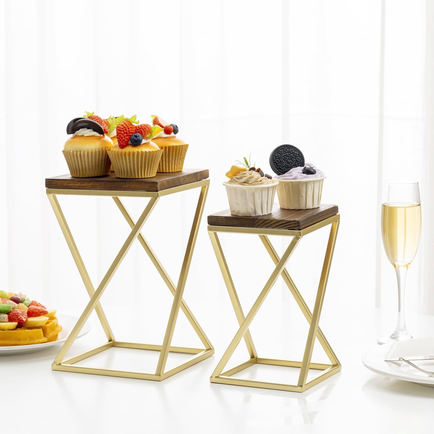 MyGift Dessert Riser Stands Modern Brass Wood Pedestal Set