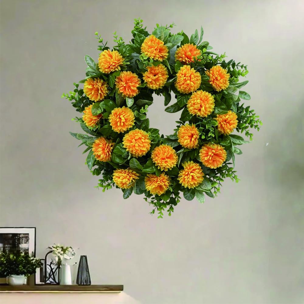 20 Inch Spring Wreath with Orange Flowers and Greenery for Front Door Decor