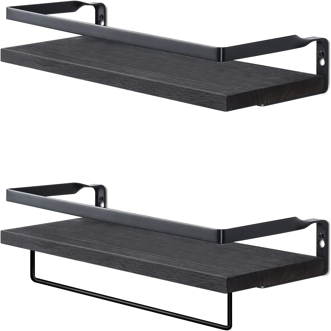 Floating Shelves for Wall Set of 2 Black with Towel Bar