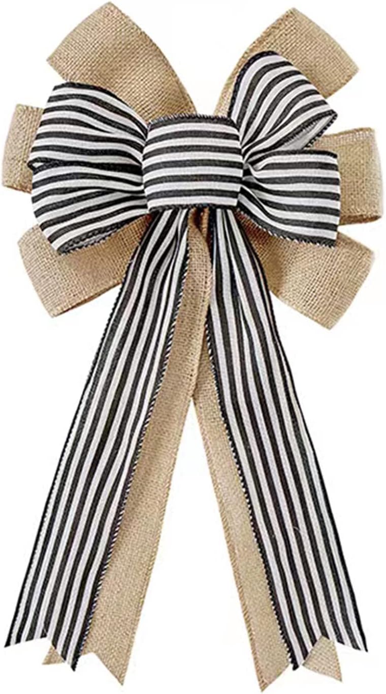 Black White Striped Burlap Wreath Bow for Decor