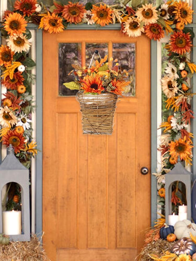 Thanksgiving Door Wreath with Sunflowers Pumpkins and Berries