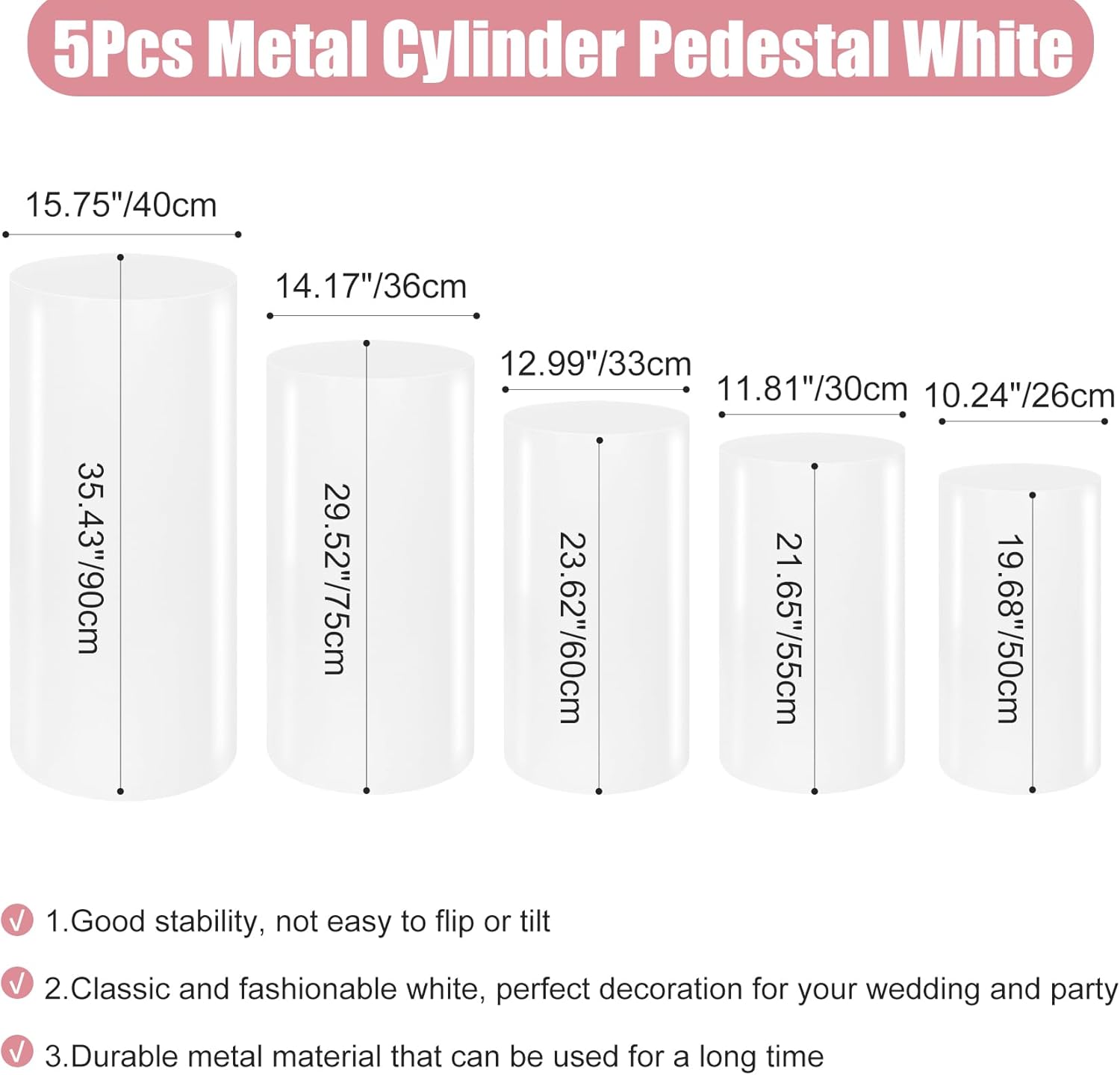 Premium Metal Cylinder Pedestal Stands Set of 5 White