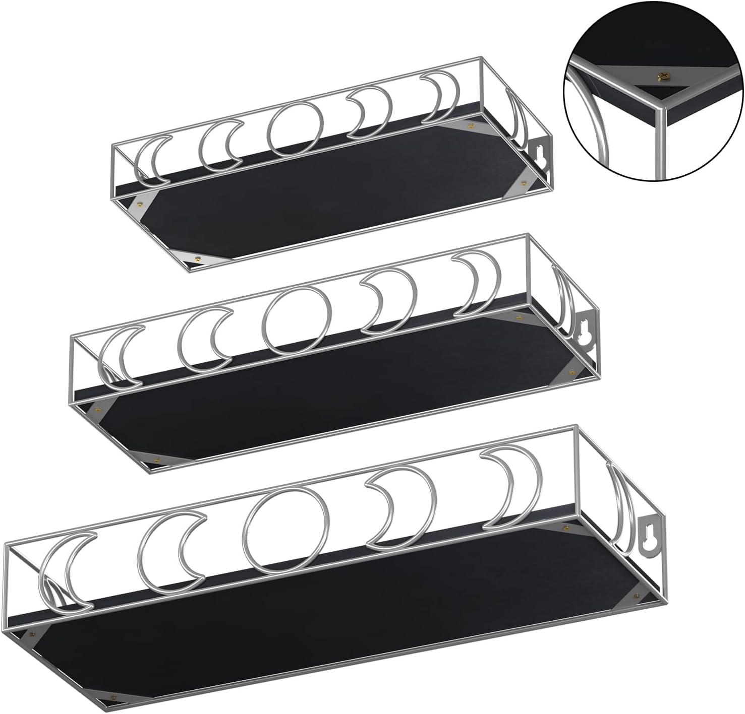 Moon Phase Wall Shelves Black Silver 3 Pack