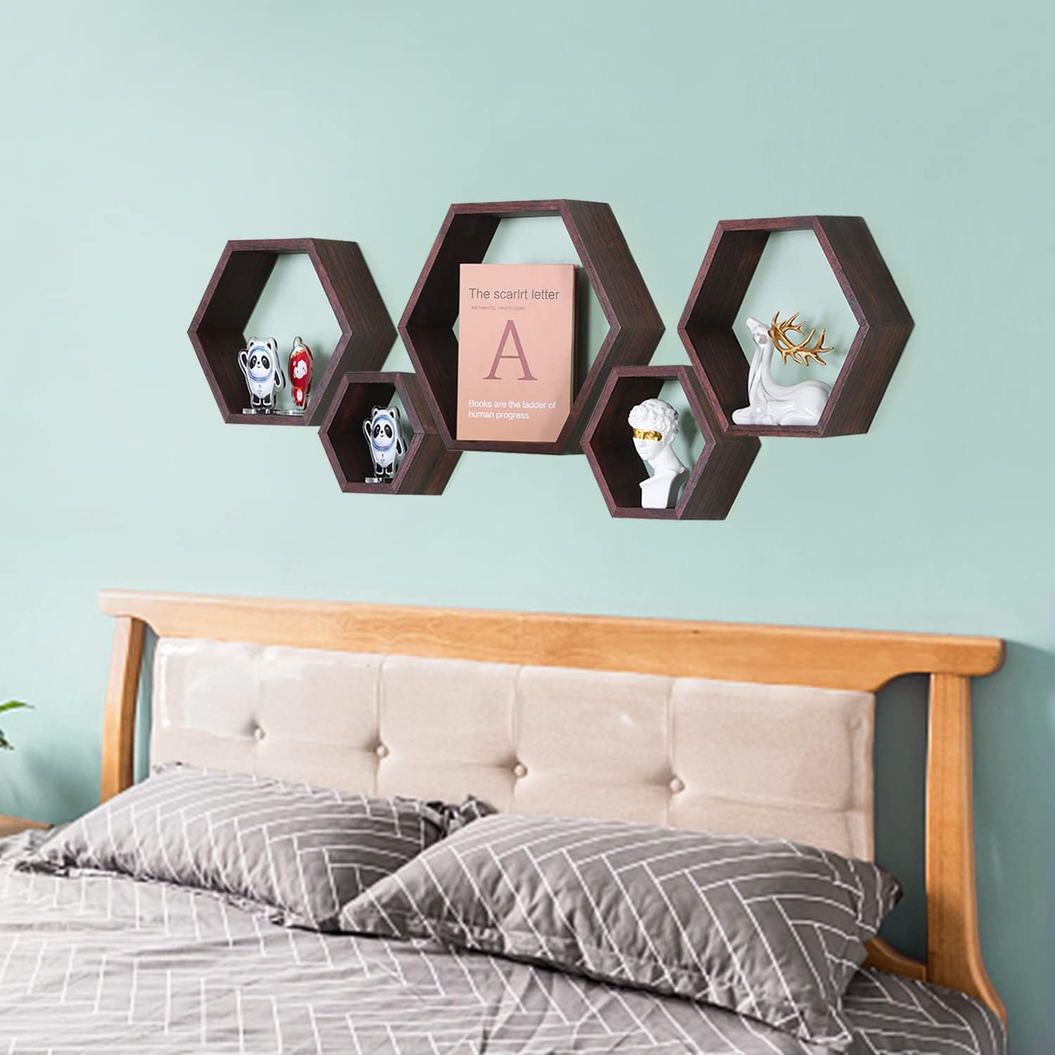 PHOENANCEE Hexagon Floating Shelves Set of 5 Driftwood Finish