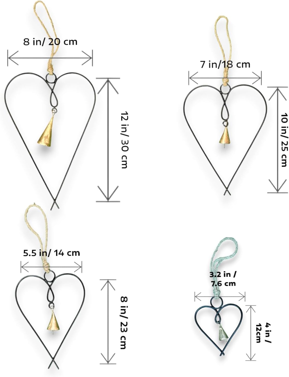 Mango Gifts Set of 4 Metal Heart Wall Art with Bells