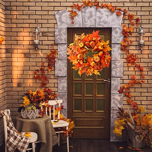 24 Inch Fall Wreath with Pumpkins Berries Maple Leaves