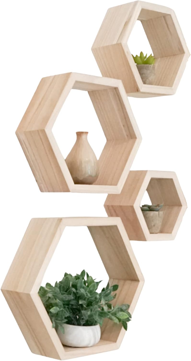 CosyDecor Hexagon Shelves Set of 4 Floating Wall Shelf for Home Decor