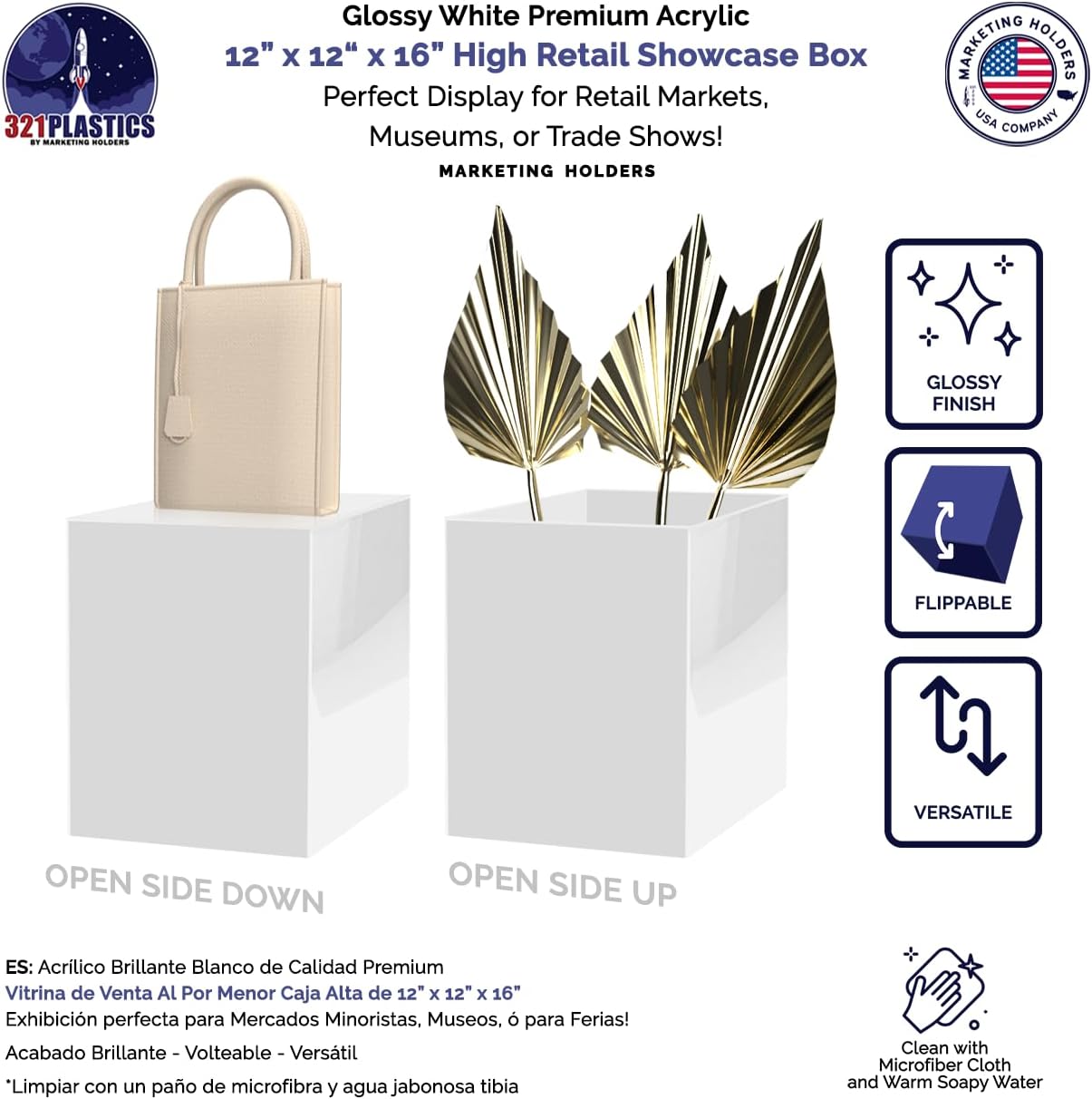 White Acrylic Display Box 12x12x16 with Open Side No Lid