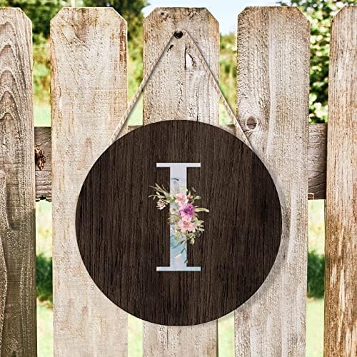 Farmhouse Door Hanger Blue Marble Floral Initial Letter I Wood Sign