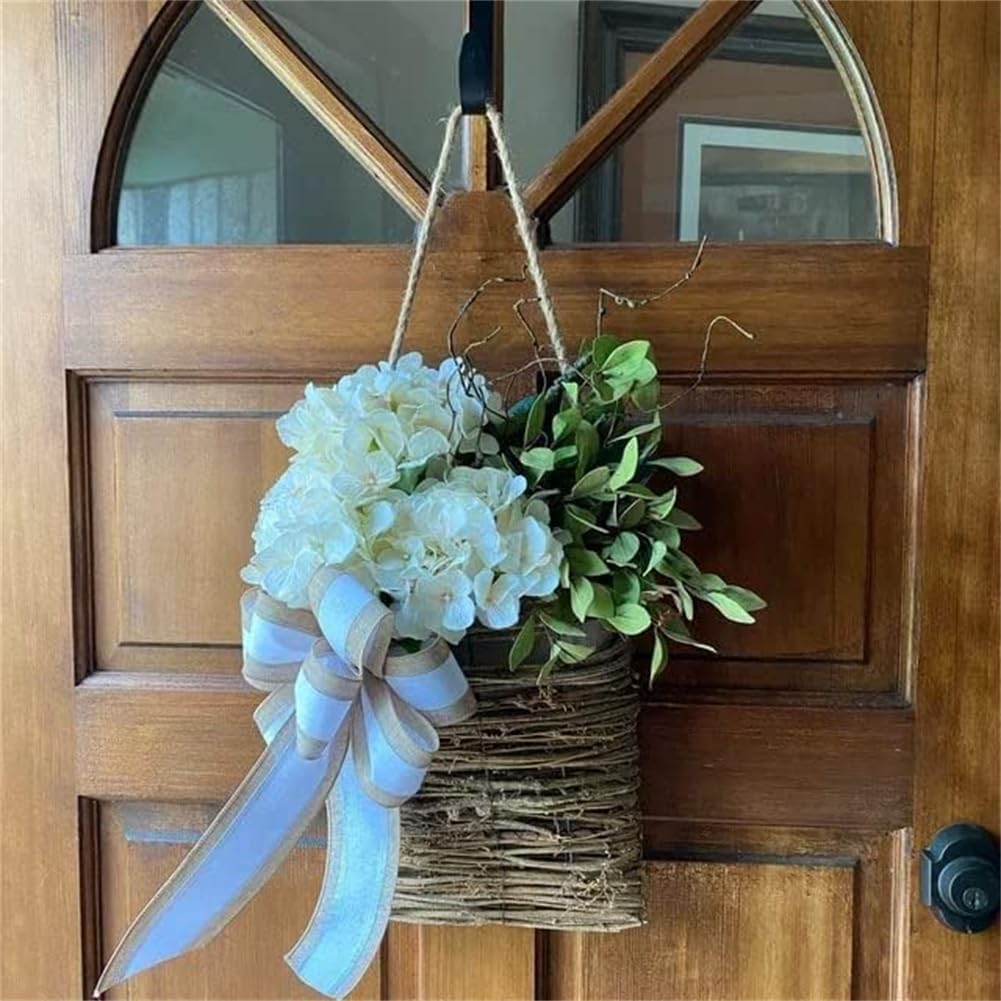 Cream Hydrangea Door Hanger Basket Wreath with Wildflowers White