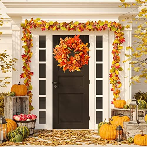 24 Inch Fall Wreath with Pumpkins Berries Maple Leaves