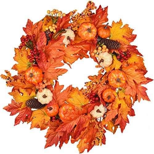 DearHouse 22 Inch Fall Wreath with Pumpkins and Maple Leaves