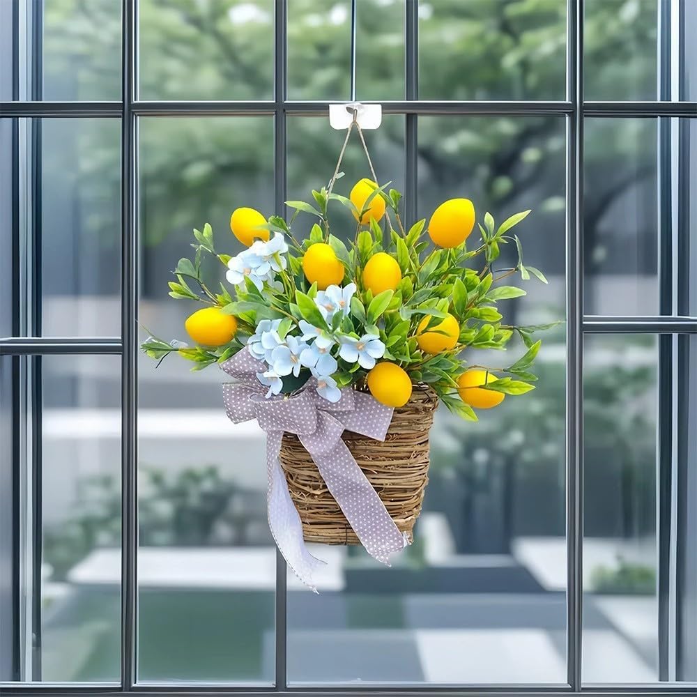 153inch Lemon Door Wreath with Blue Flowers and Polka Dot Bow