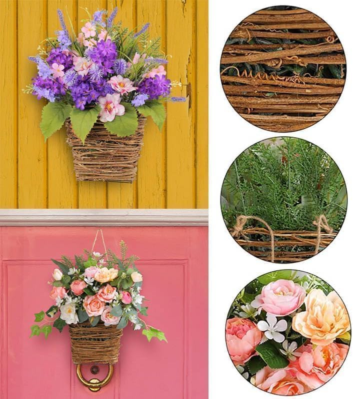 Cream Hydrangea Door Wreath with Rattan Basket and Burlap Bow