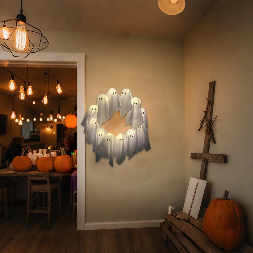 Front Door Halloween Ghost Wreath with LED Lights