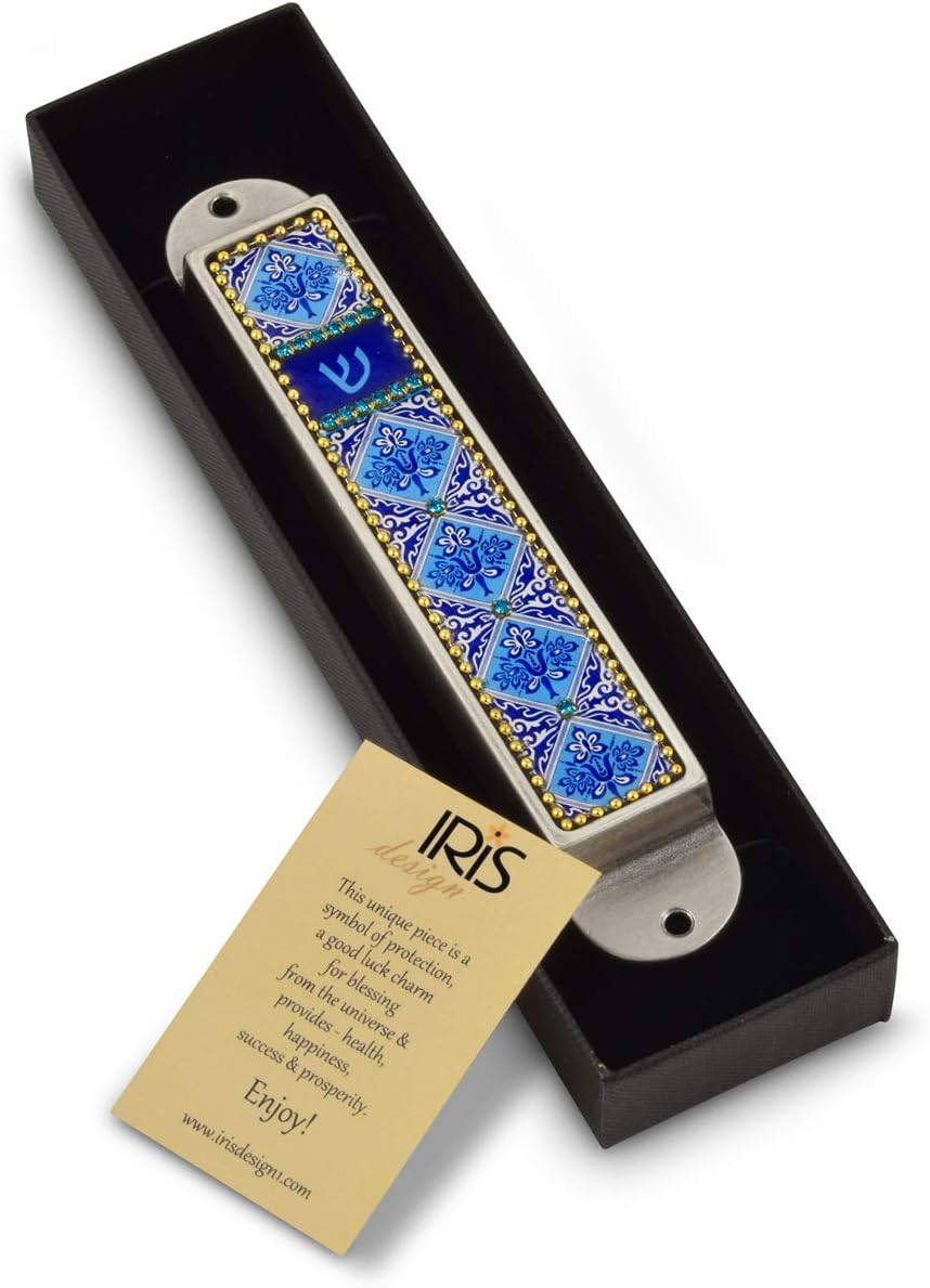 AJDesign Iris Collection Handcrafted Pewter Enamel Beaded Mezuzah Case Blue Flowers