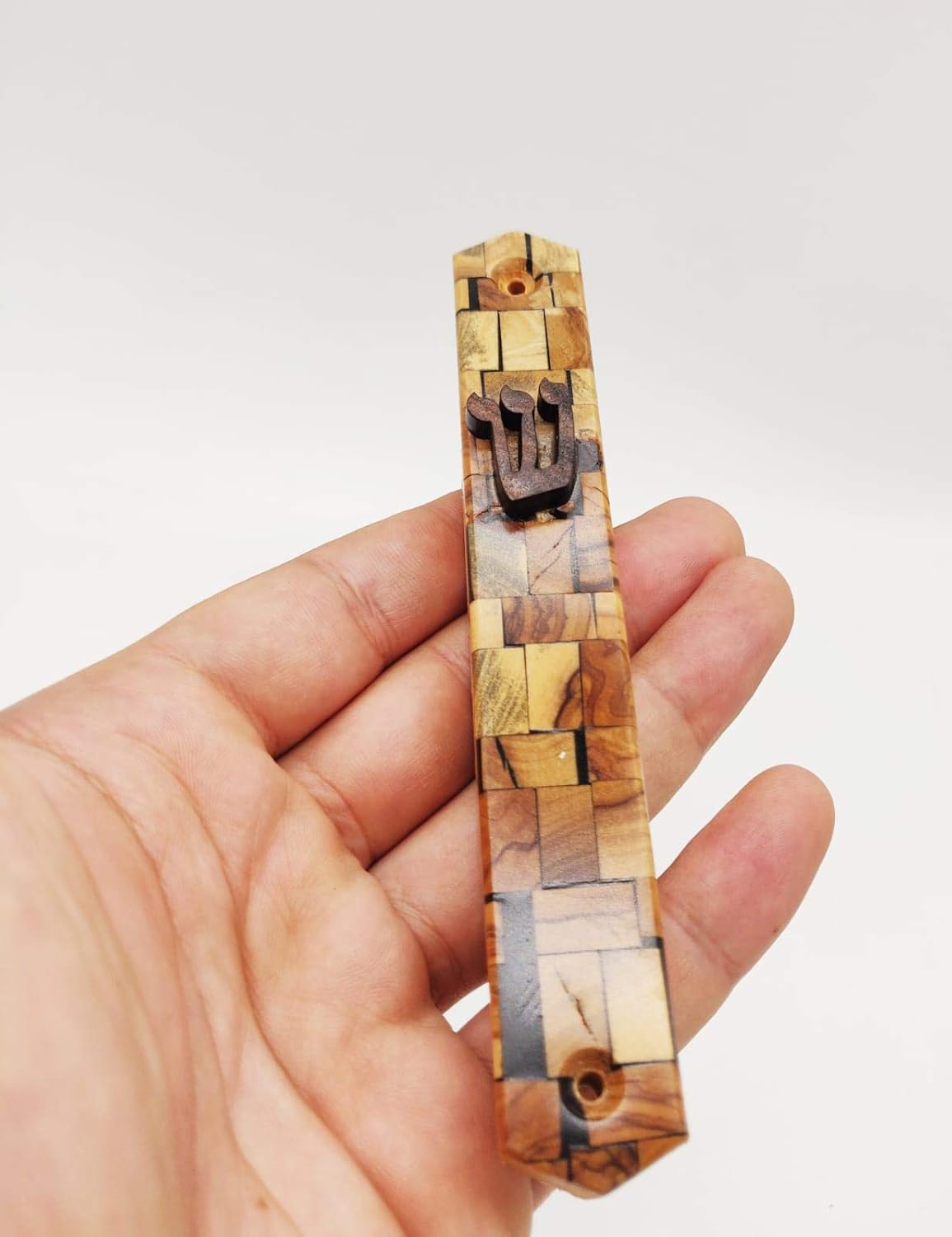 Jerusalem Pearls Olive Wood Mezuzah with Shin Shadai
