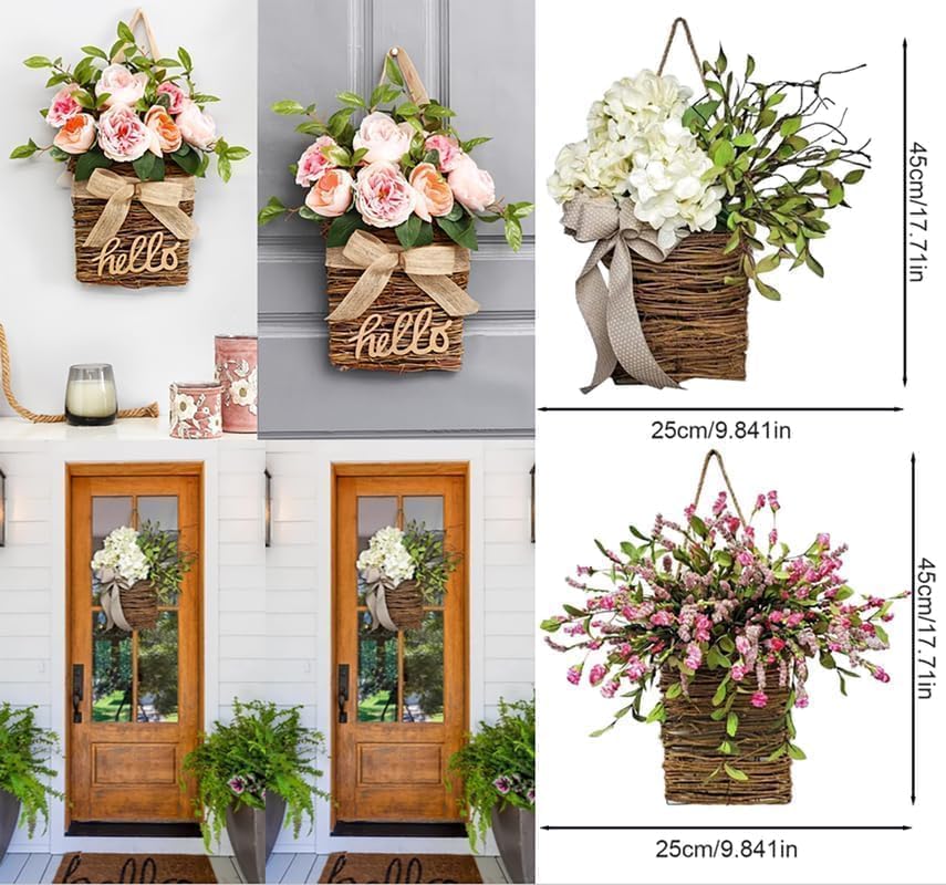 Cream Hydrangea Wreath Door Hanger Basket for Spring Decor