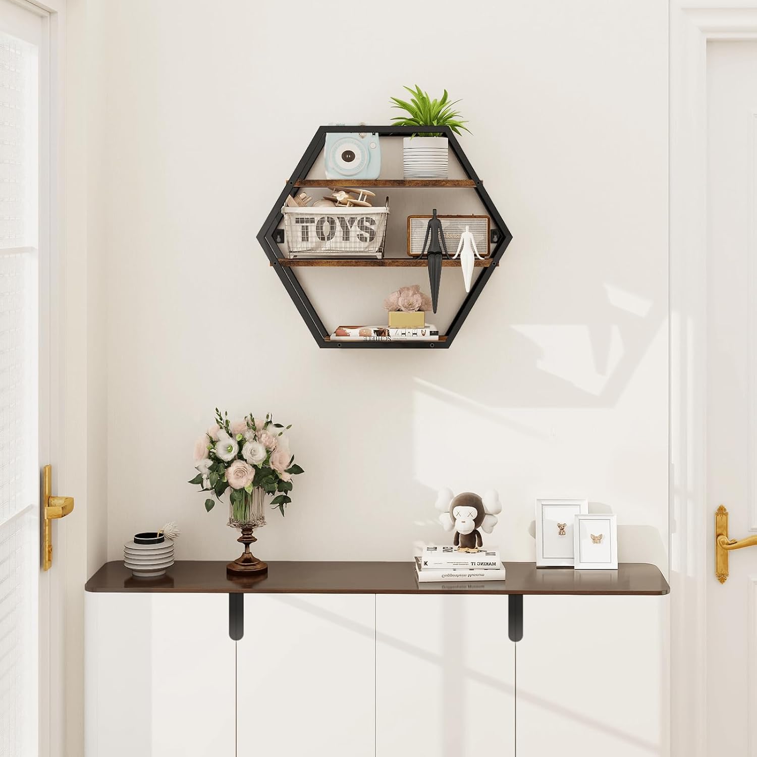 Hexagon Floating Shelves Decorative Wall Shelf Rustic Brown Black