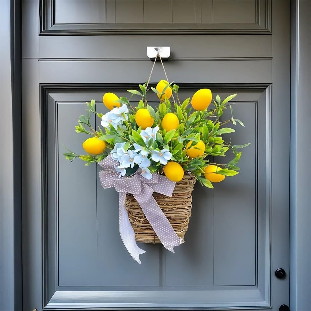 153inch Lemon Door Wreath with Blue Flowers and Polka Dot Bow