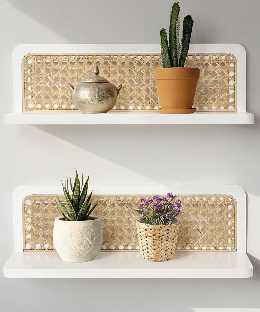Mazjoaru Rattan Wall Shelf Set of 2 Handmade Floating Shelves for Living Room and Bedroom