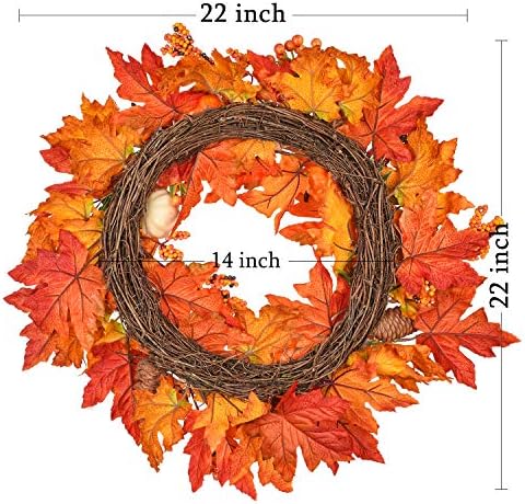 DearHouse 22 Inch Fall Wreath with Pumpkins and Maple Leaves