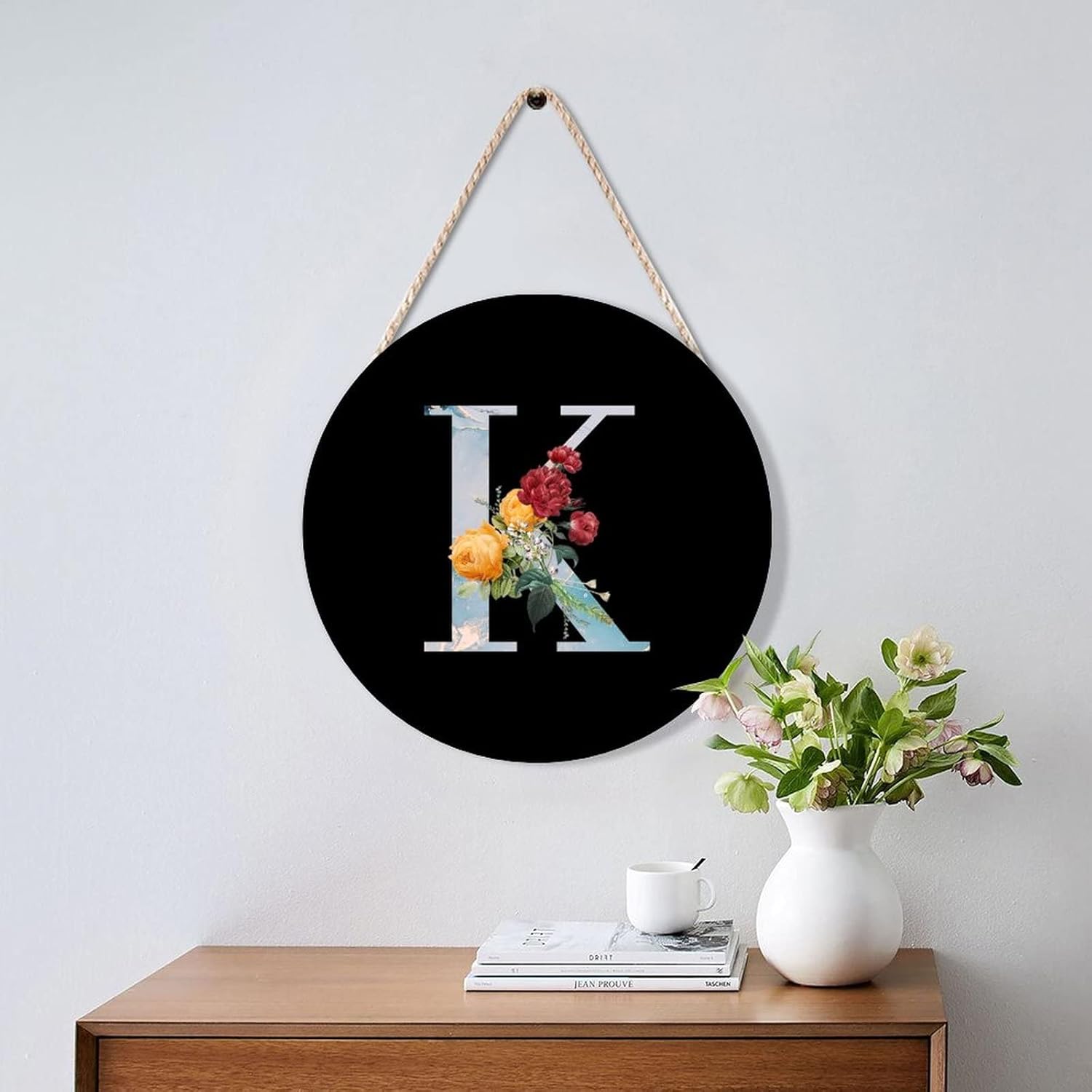 Farmhouse Front Door Hanger Flower Bouquet Custom Initial Letter K Wood Sign 10x10in