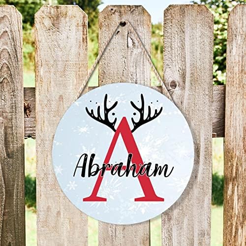 Personalized Farmhouse Door Hanger with Christmas Antlers Alphabet A Wood Sign for Kids Girls Women 10x10in