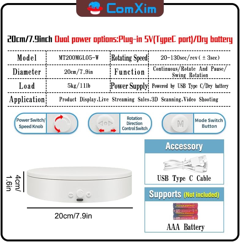 Rotating Display Stand with Type-C Cable 360 Degree Motorized Turntable Adjustable Speed and Direction White 787 Inch