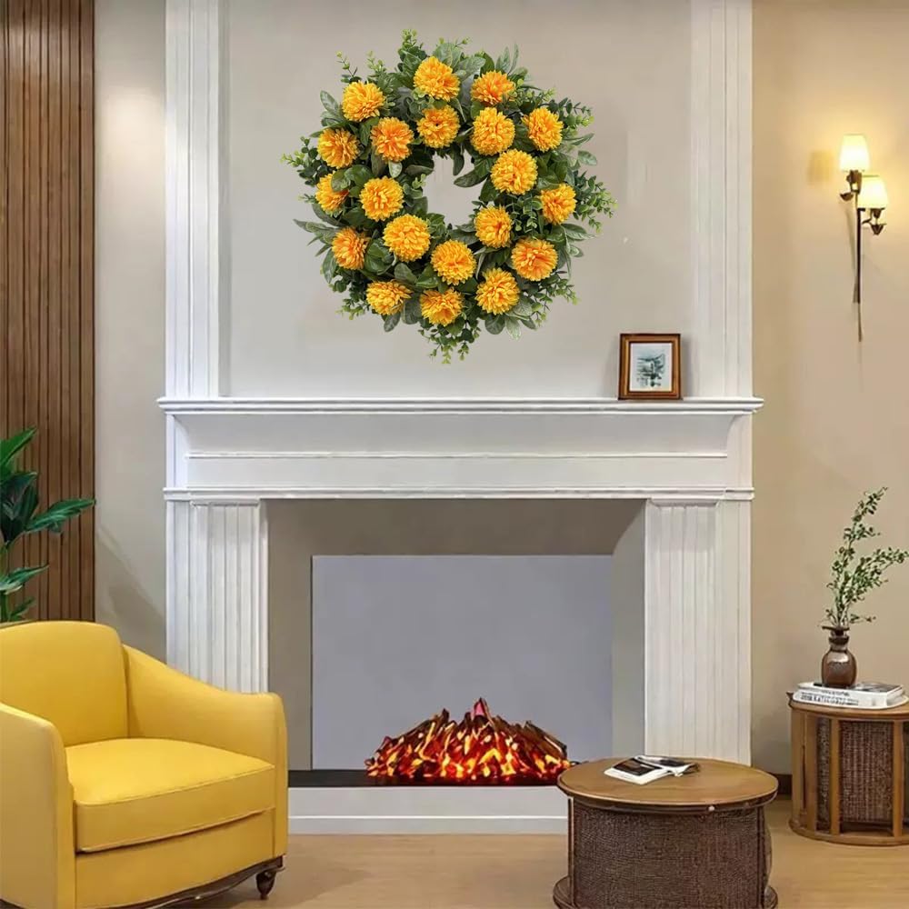 20 Inch Spring Wreath with Orange Flowers and Greenery for Front Door Decor