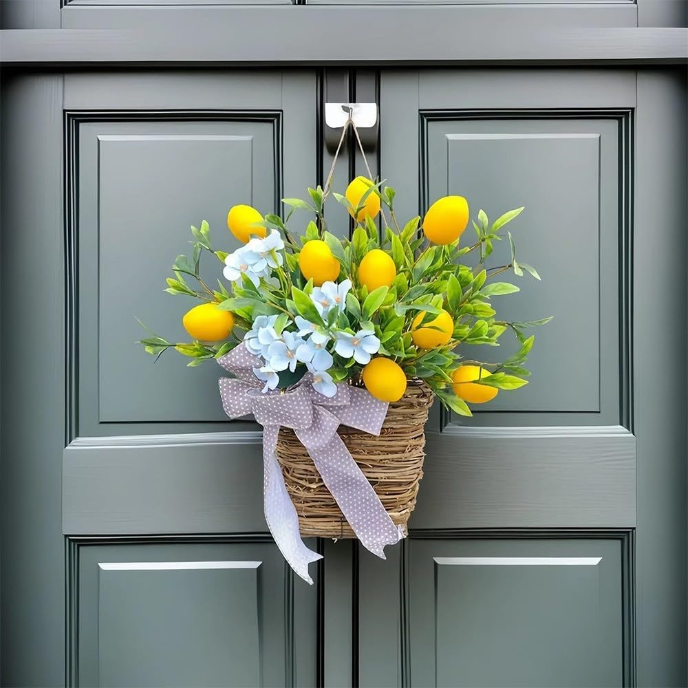 153inch Lemon Door Wreath with Blue Flowers and Polka Dot Bow