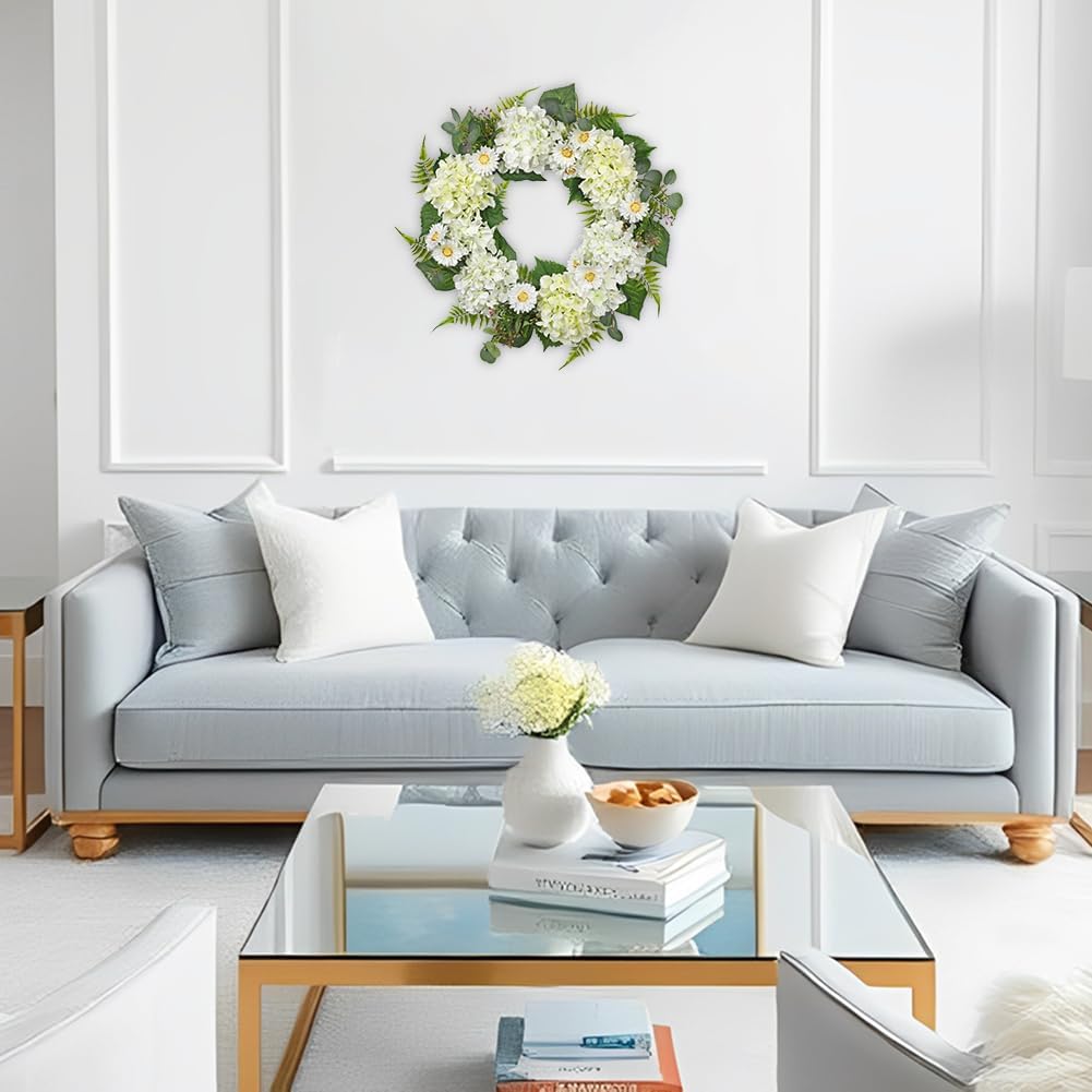 Briful 24 Inch Spring Wreath Realistic White Hydrangea Artificial Decor