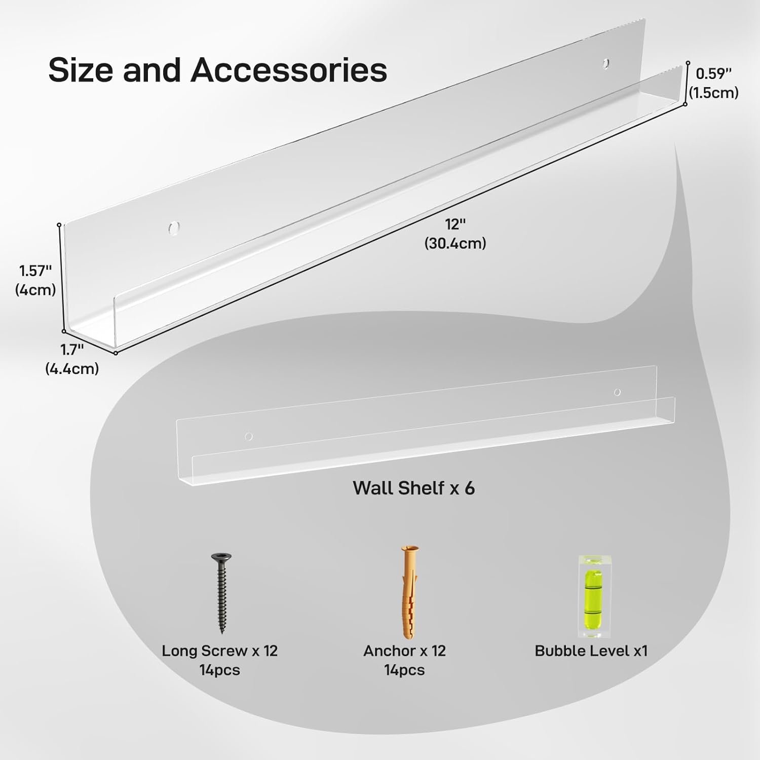 6 Pack Clear Acrylic Floating Shelves for Vinyl Record Display