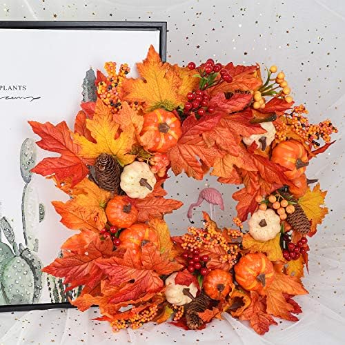 DearHouse 22 Inch Fall Wreath with Pumpkins and Maple Leaves