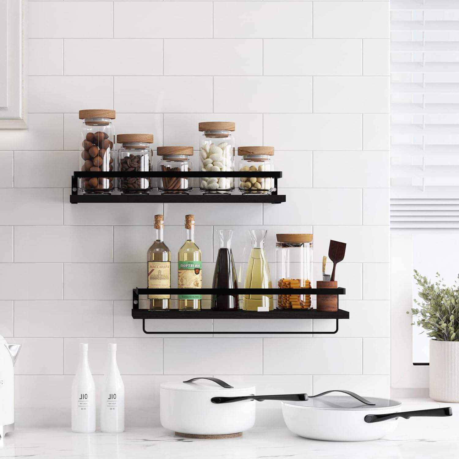 Floating Shelves for Wall Set of 2 Black with Towel Bar