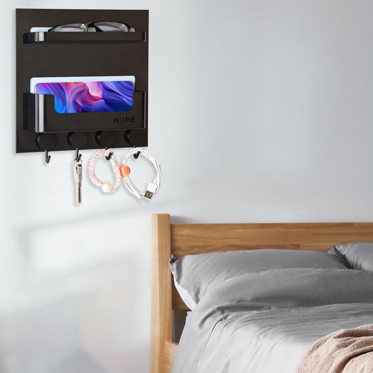 EHKIT Updated Bedside Shelf Wall Mount Phone Holder Organizer 4 Hooks