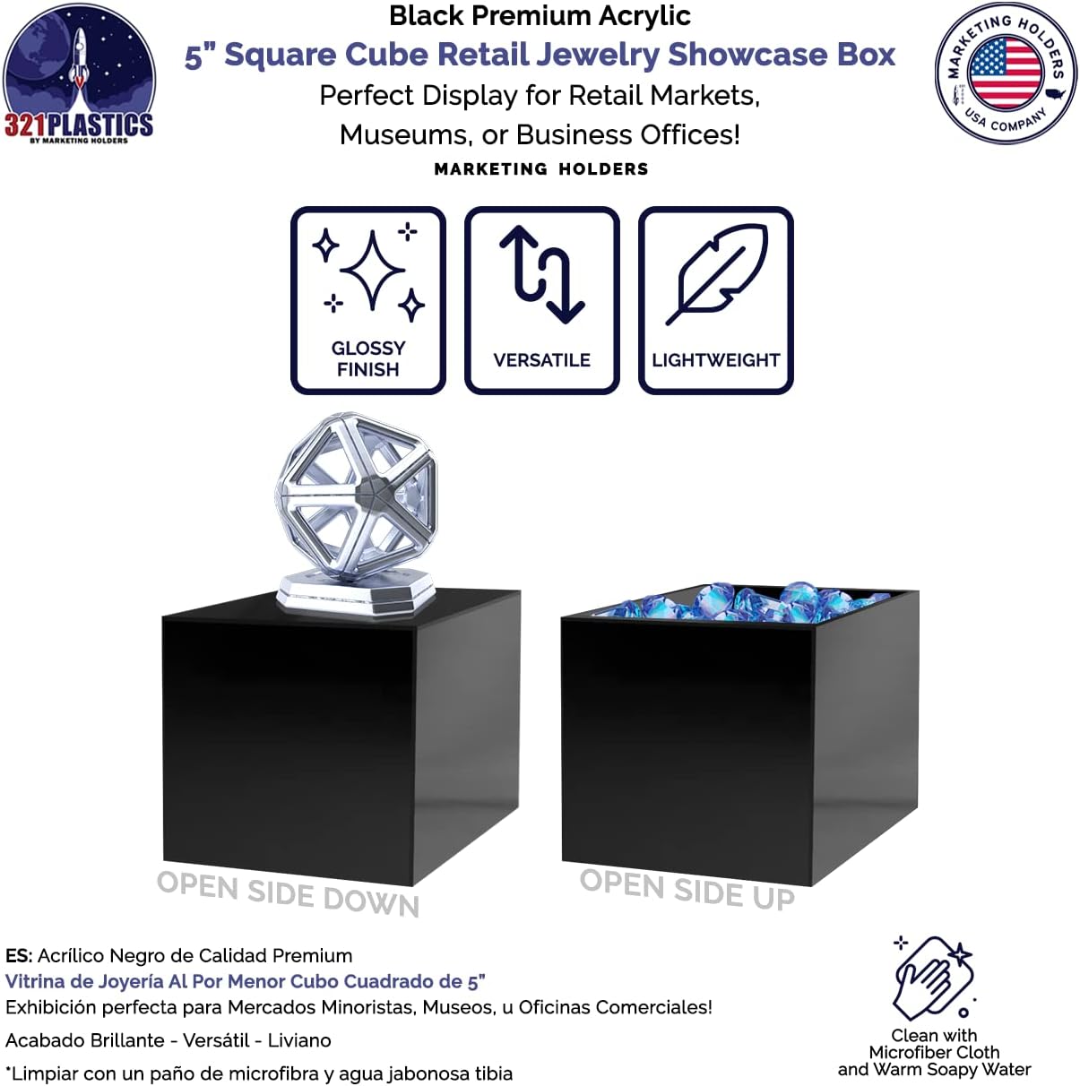 4 Pack 5 Inch Acrylic Display Riser Boxes No Lid Black Square Retail Showcase Riser