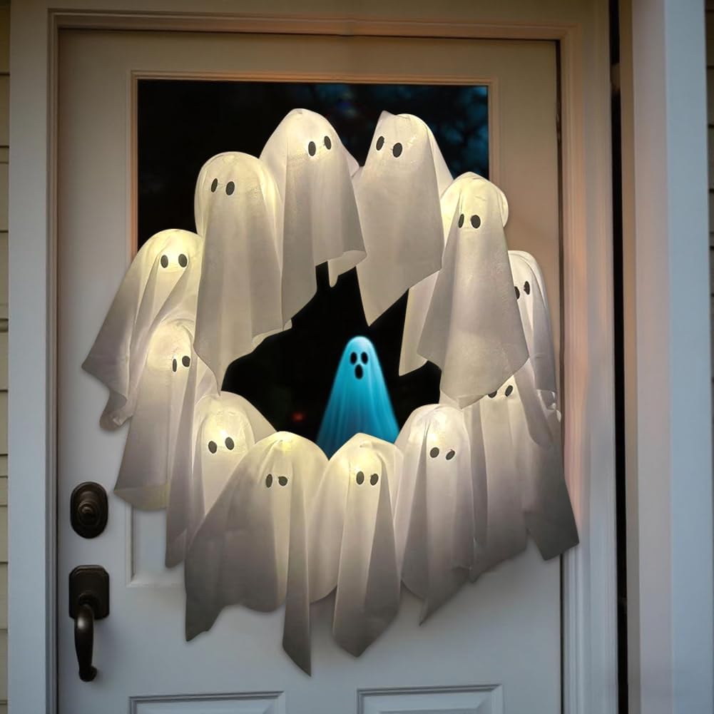 Front Door Halloween Ghost Wreath with LED Lights