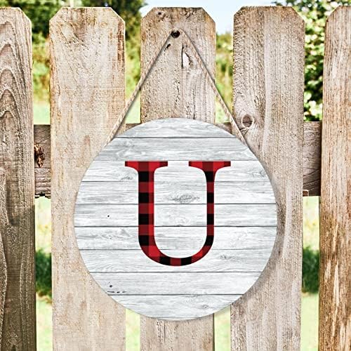Farmhouse Door Hanger 10x10in Wood Sign Red Black Buffalo Plaid