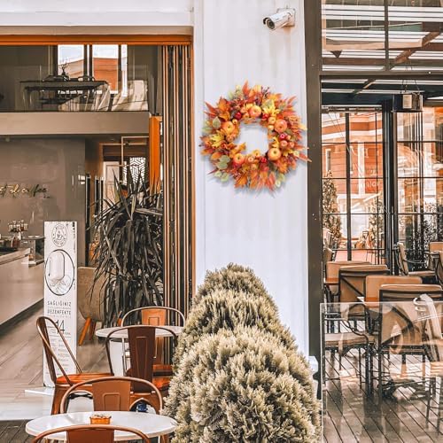 Fall Wreath for Front Door - 22 Inch Autumn Harvest Decor with Realistic Apples Berries Pomegranates and Maple Leaves