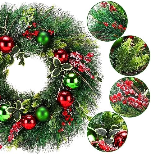 Christmas Wreath 24 Inch Artificial Green and Red Wreath with Hanger