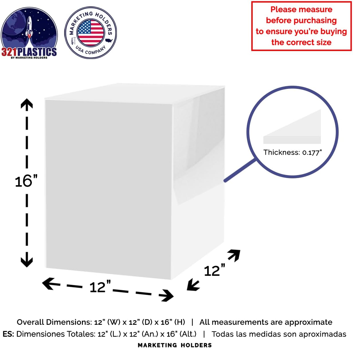 White Acrylic Display Box 12x12x16 with Open Side No Lid